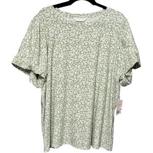 Lauren Conrad Short Bubble Sleeve Ditsy Floral Print Stretch Jersey Knit Top
